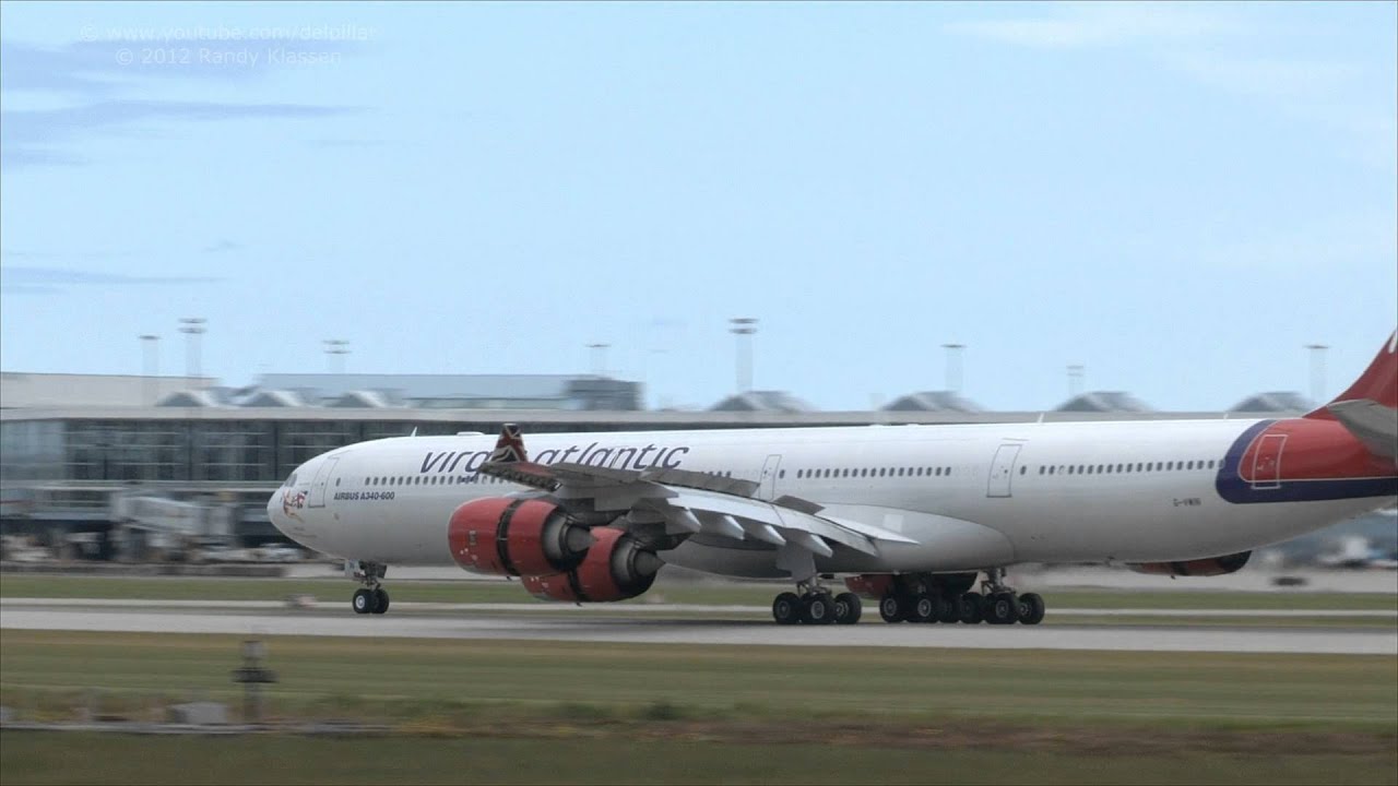 Twice reverse thrust Virgin Atlantic A340-600 at YVR - YouTube
