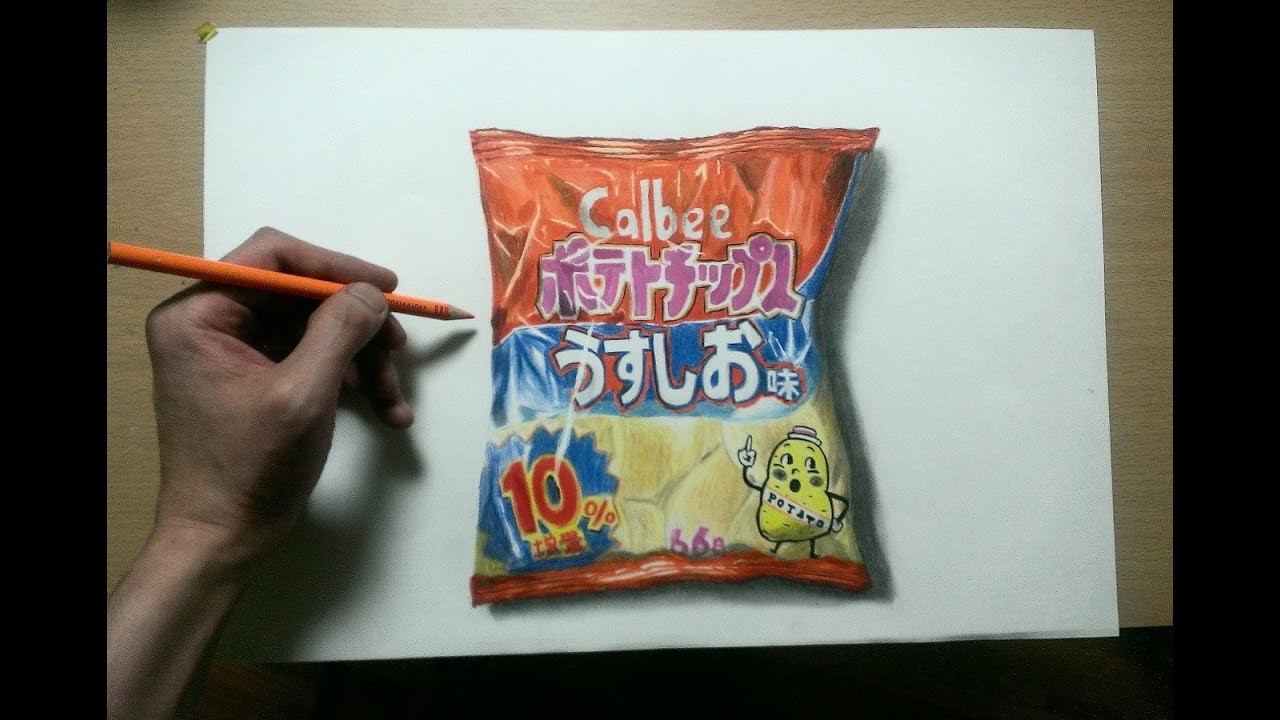 色鉛筆でポテトチップスうすしお味を描いてみた リアルな絵 Realistic Colored Pencil Drawings Of Potato Chips Youtube