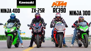 KAWASAKI ZX25R vs NINJA 300 vs NINJA 400 vs KTM RC390||KAWASAKI racing team vs KTM Race Competition