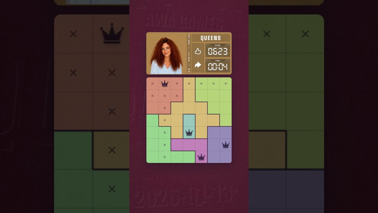 LinkedIn Queens #623 solved board for January 13, 2026, 7x7 grid
