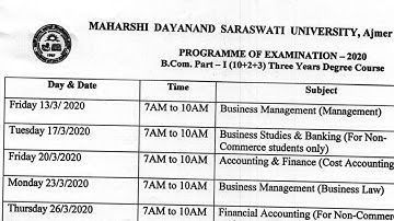 B. Com. Part 1st Year Exam Time Table 2020 || Date Sheet For Exam 2020 || Mdsu Ajmer