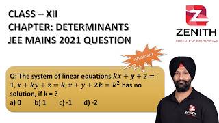 The system of linear equations 𝒌𝒙+𝒚+𝒛=𝟏, 𝒙+𝒌𝒚+𝒛=𝒌, 𝒙+𝒚+𝟐𝒌=𝒌^𝟐 has no solution, if k = ? a) 0........