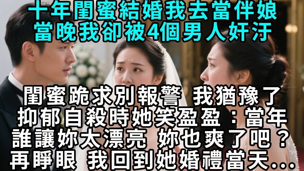 十年閨蜜結婚,我去當伴娘.當晚我卻被4個男人奸汙,閨蜜跪求別報警, 我猶豫了.抑郁自殺時,她笑盈盈：當年誰讓妳太漂亮 妳也爽了吧？再睜眼 我回到她婚禮當天...