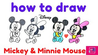 How To Draw Color Baby Mickey & Minnie Mouse | Disney | Step By Step