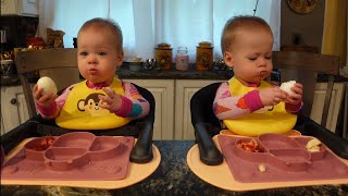 Twins try a whole hard boiled egg!