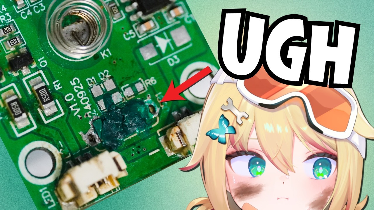 grease monkey vtuber fixing this light's PCB (that she broke)