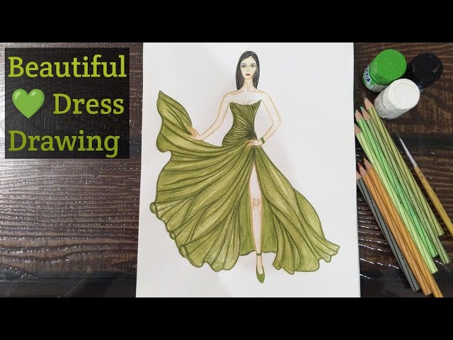 Green  Dress Drawing/How to Draw a Easy girl with beautiful Green  dress/  fashion illustration - YouTube