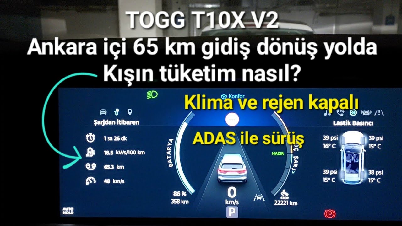 TOGG T10X Kışın Ankarada gidiş dönüs 65 km tüketim nasıl? Klima ve rejen kapalı. ADAS ile sürüş. 