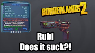 Borderlands 2: Rubi- Does it suck (as a gun)?
The Rubi is a Moxxie pistol that is most famous for its role as a melee accessory.
As a standard shooting weapon, it lacks a little potency. It makes up for this by increasing durability by a great deal.
When hitting critical hits, it can kill enemies with some degree of efficiency.
It does not suck. Borderlands 2: Rubi- Does it suck (as a gun)?