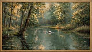 Tranquil Sunlit Forest Landscape | Elegant Swans On Woodland River | 4K Ambient TV Background screenshot 5