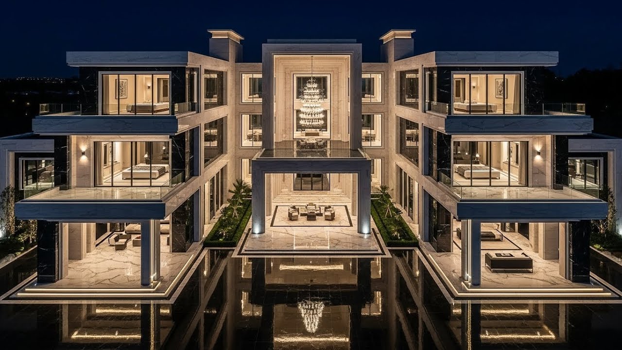 Ultra Luxury Modern Mansion at Night | Billionaire Courtyard Palace | 4K Luxury Ambience