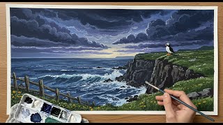 Coastal Cliff with Puffin & Sea 🌊🐧 Acrylic Painting Tutorial for Beginners