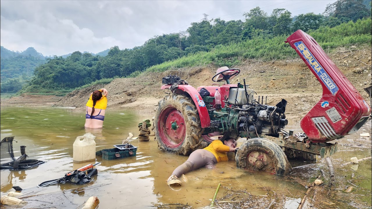 Girl successfully repairs flooded tractor that has not been used for many years