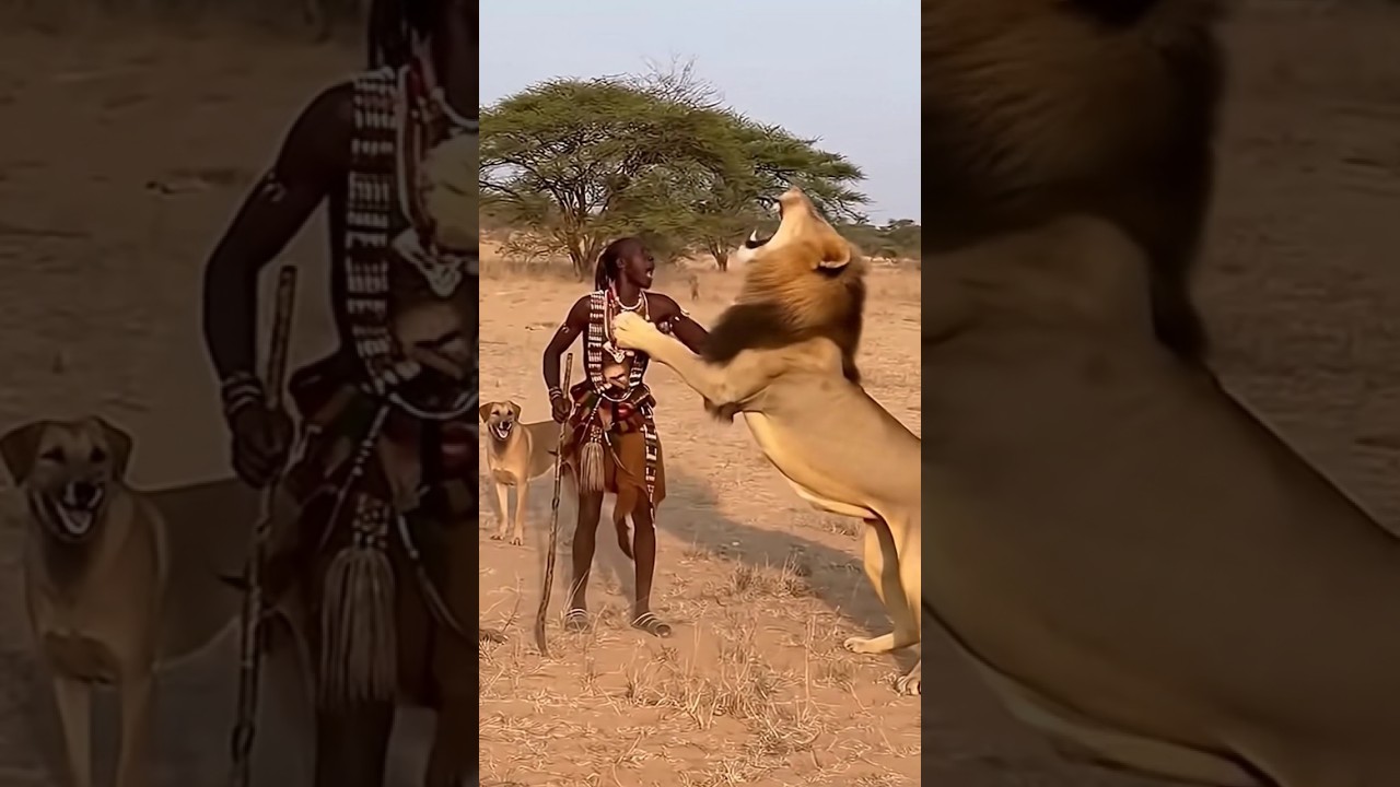 African tribe man trying to calm wild lion 🦁