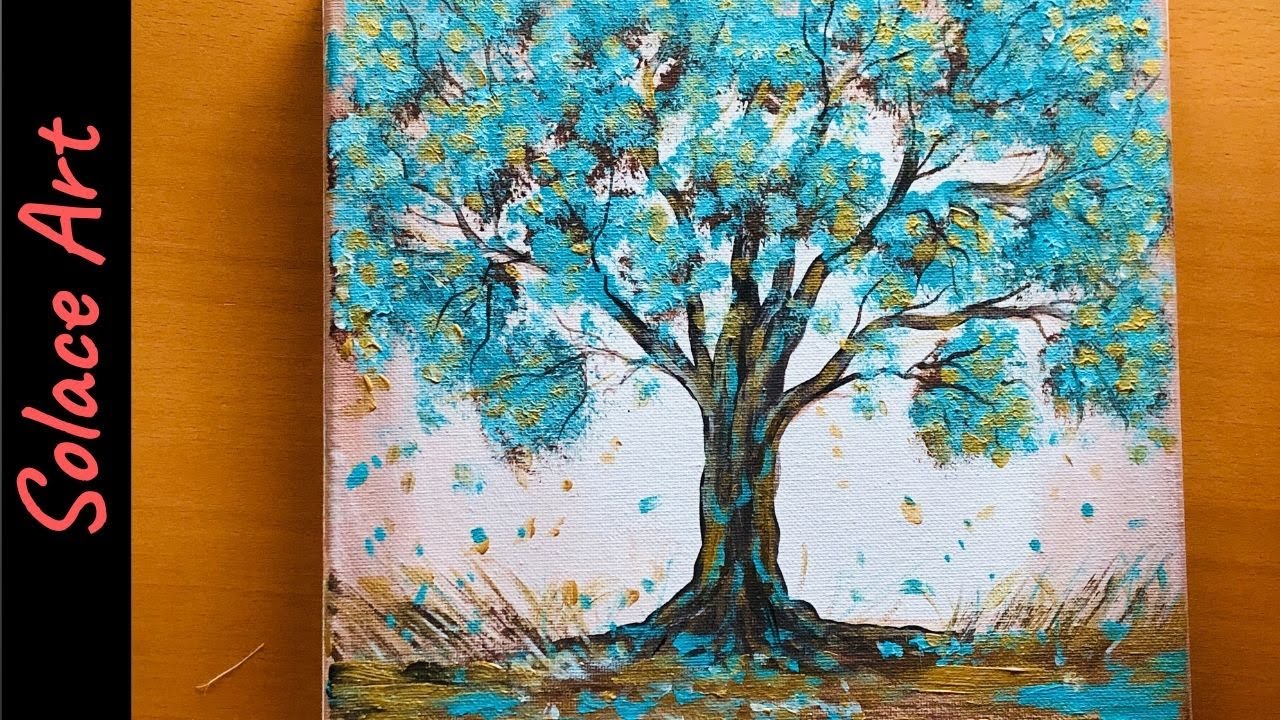 Acrylic Painting Easy |Teal and Gold Tree Painting for beginners