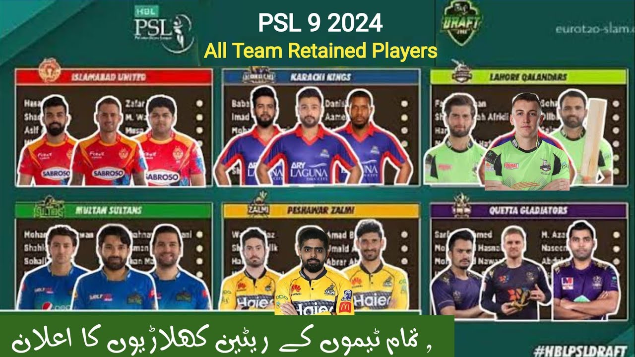 PSL 9 All Team Retained Players List 2024 PSL 2024 teams schedule all