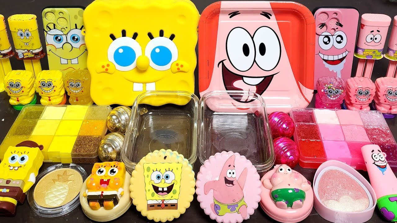ASMR Spongebob vs Patrick Star Slime Mixing Makeup,Parts,Glitter Into Slime!