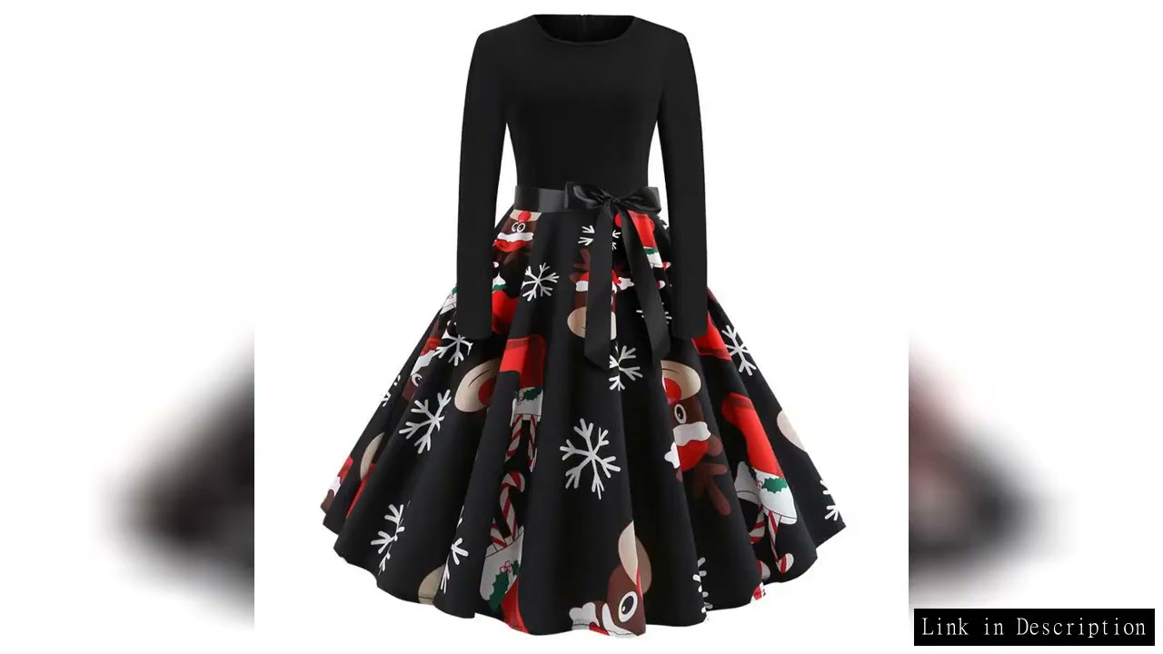 Vintage Christmas Dress for Women Elegant Swing Party Gown Long Sleeve Black Casual Print 50s 60s St