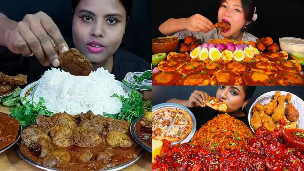 Spicy Mutton Curry Chicken Pulao Egg Curry Chicken Leg Piece Noodles Rice Salad Mukbang 3X