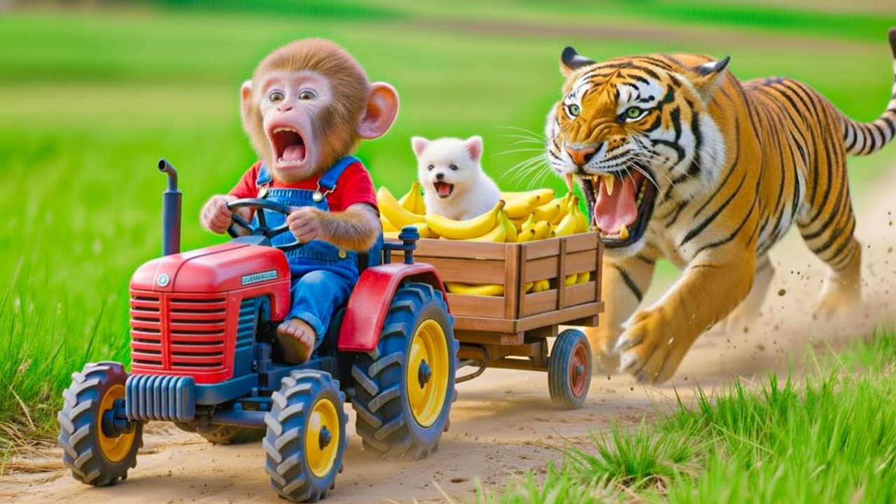 Monkey Sisi Drives a Tractor to Save Puppy from a Ferocious Tiger 🐶🐯| Brave Farm Rescue Story