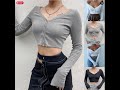 Cheap Women Clothing Long Sleeve Crop Tops Sexy Deep V Neck Tshirt
