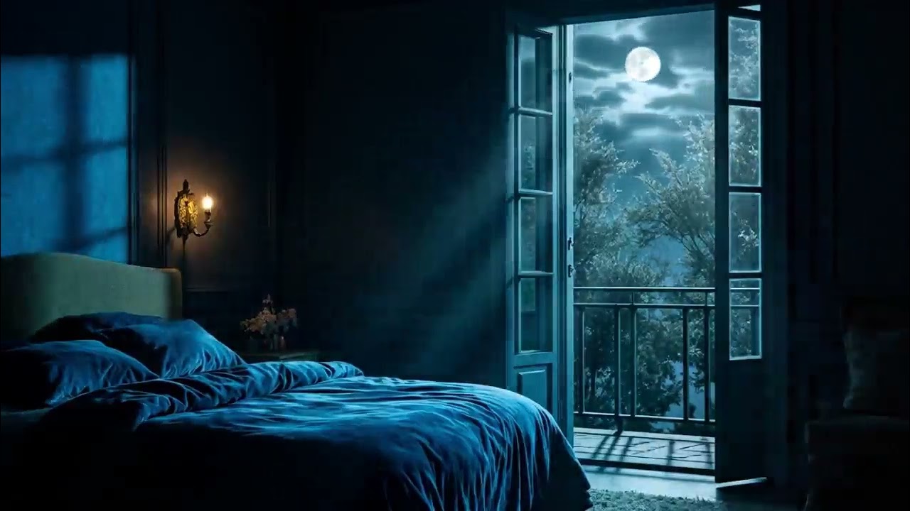 8 Hours in a Velvet-Walled Bedroom | Moonlit Courtyard, Gold Sconce Glow & Deep Sleep Ambience
