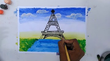 Springtime cherry blossm trees and Eiffel tower painting step by step tutorial for beginners