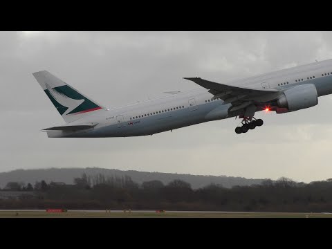 airbus a220 Cathay Pacific 777-300 ER Take Off Manchester to Hong Kong in windy conditions