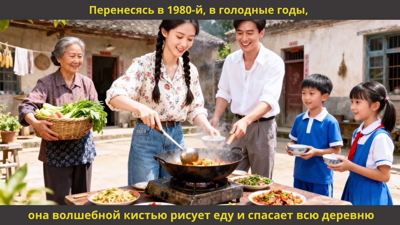 Перенесясь в 1980 й, в голодные годы, она волшебной кистью рисует еду и спасает всю деревню