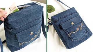 DIY Denim Crossbody Bag with 2 Front Pockets Out of Old Jeans | Bag Tutorial | Upcycle Craft