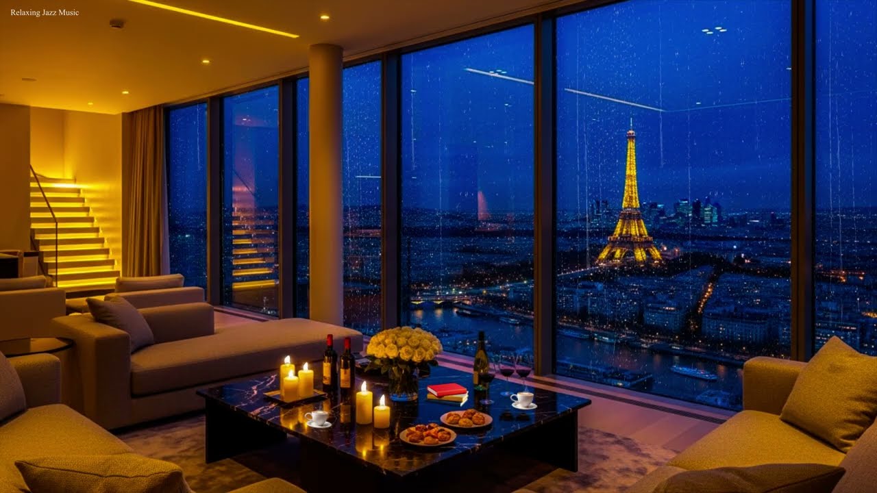 Rainy Night Jazz in Luxury Paris Penthouse 🌧️ Smooth Piano & Sax for Deep Sleep