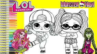 LOL Surprise Makeover as Monster High Marisol Coxi and Iris Clops Coloring Book Page