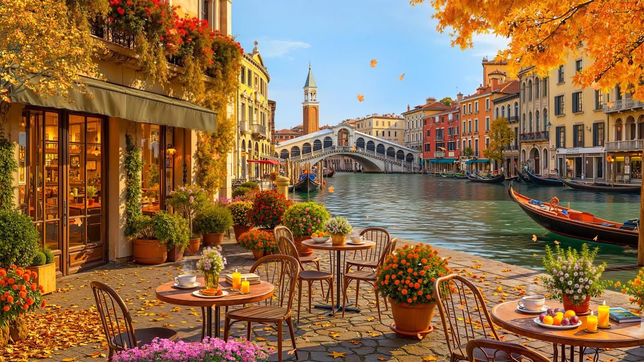Autumn Morning Café in Venice 🍂 Relaxing Coffee by the Grand Canal and Rialto Bridge View