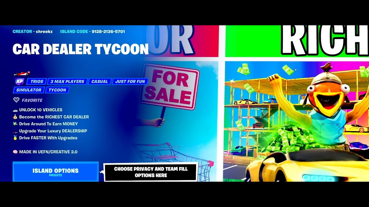 FORTNITE CAR DEALER TYCOON🏎️ FULL WALKTHROUGH MAP CODE 91282136