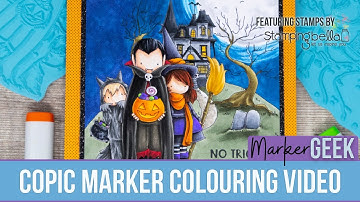 Copic Marker Colouring a scene with Stamping Bella Tiny Townie Trick or Treaters & Haunted House