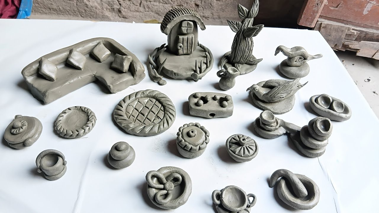 Build a miniature survival village clay house with tree make polymer clay kitchenset, diy mini home 