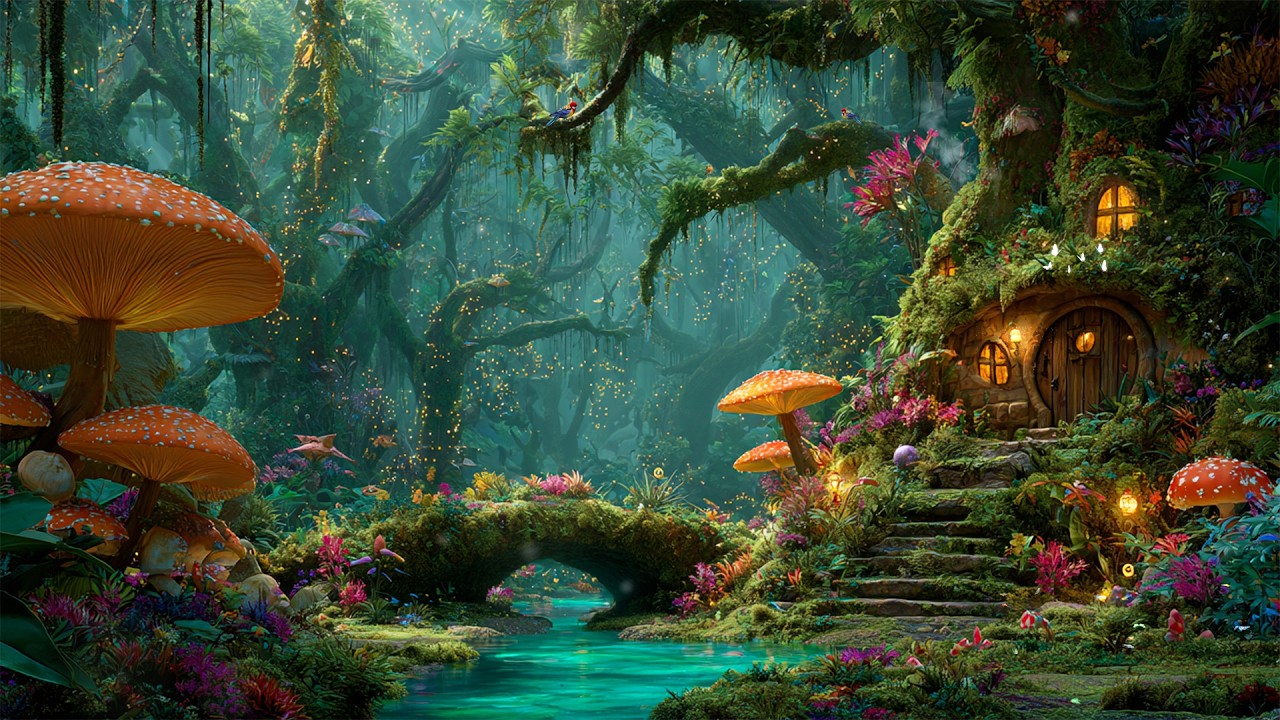 FireFlies Fairy Cottage in the Mossy Woodland 🏡✨ Magical Forest Music with ASRM Midnight Ambience