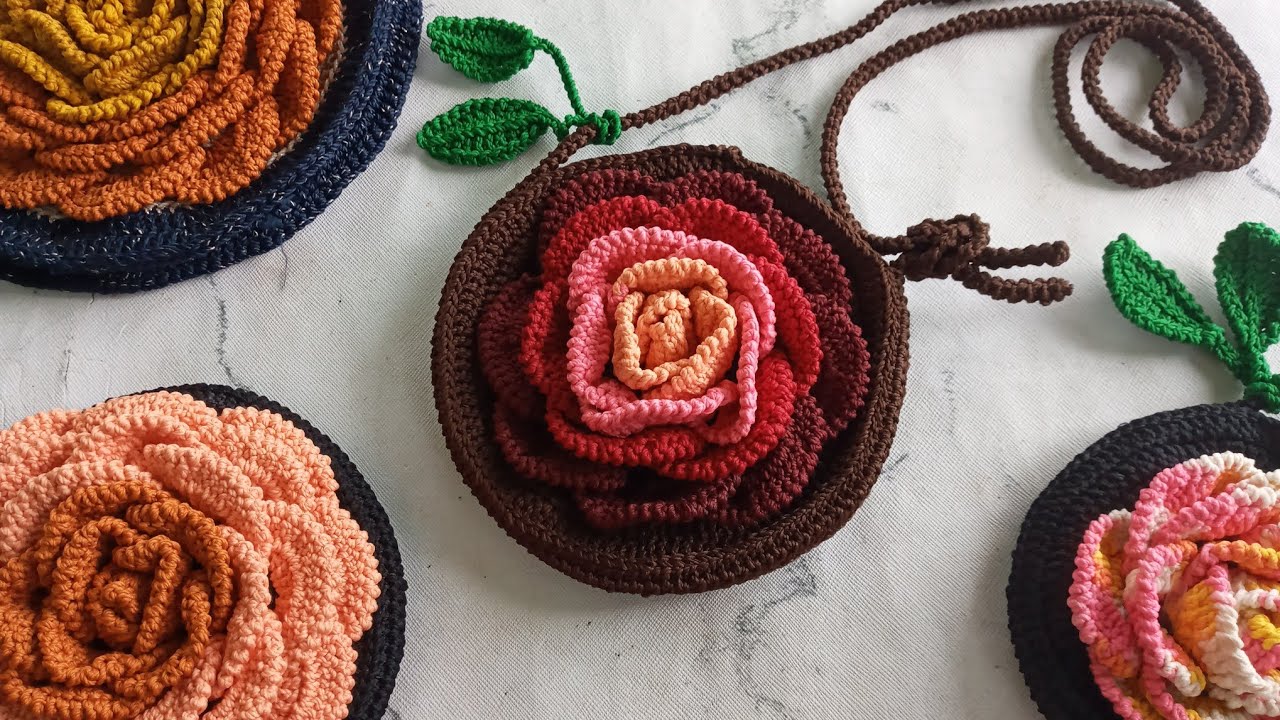 TUTORIAL TAS MAWAR RAJUT 3D | CROCHET ROSE BAG 3D (SUBTITLE AVAILABLE)