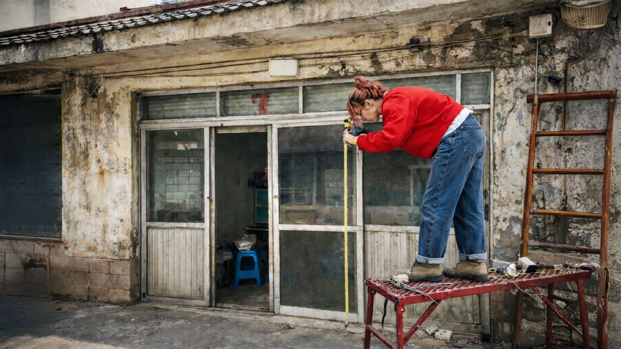 Молодая девушка ремонтирует недорогую съемную квартиру в дорогом городе, чтобы открыть свою кофейню.