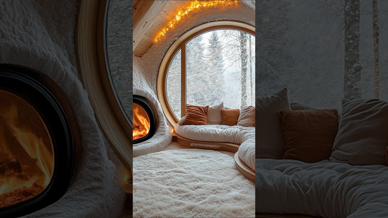 Cozy winter retreat with a warm fireplace and stunning round window views! ❄🔥