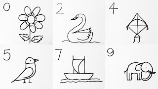 How to draw pictures using english number 0 to 9 | Number drawing | Easy 10 drawing from numbers