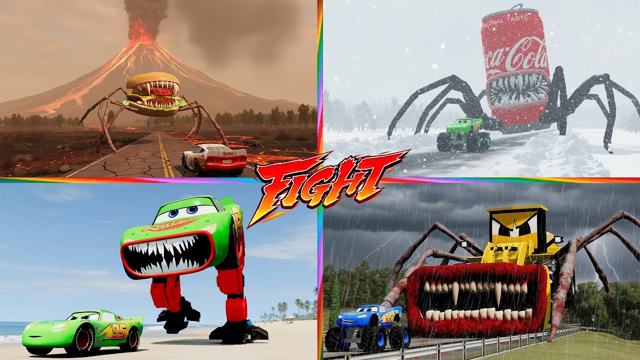 Zombie Pit! Spider Car🏎️Zoombie Mcqueen 🆚 Robot Car Monster 🆚CoCa ...