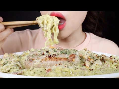 ASMR Creamy Basil Shrimps and <strong>Bacon</strong> Noodles Eating Sounds Mukbang