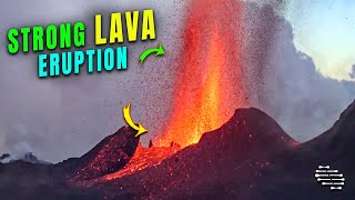 Strong Lava Eruption Filmed from a Nearby Location