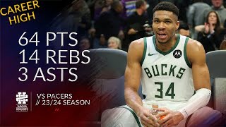 Giannis Antetokounmpo 64 pts 14 rebs 3 asts vs Pacers 23/24 season