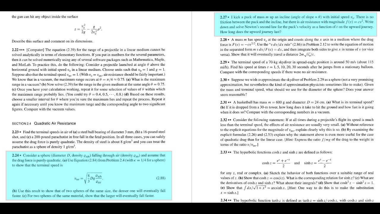 Classical Mechanics - Taylor. Prob 2.24, 2.27: Quadratic Air Resistance