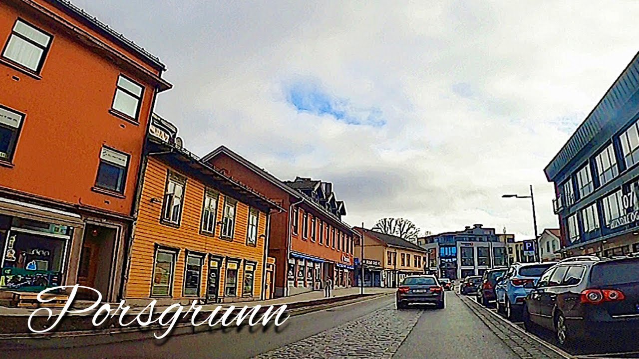 Porsgrunn Norway - Driving through colorful street Storgata