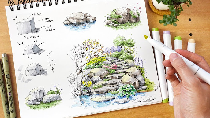 How to Draw a Landscape Scene with Rocks and Water Using Ohuhu