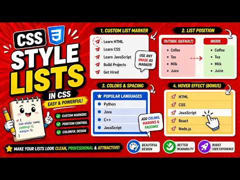 CSS || LIST STYLES : IMAGE AS A LIST MARKER, LIST POSITION, LIST COLOR || TUTORIAL.