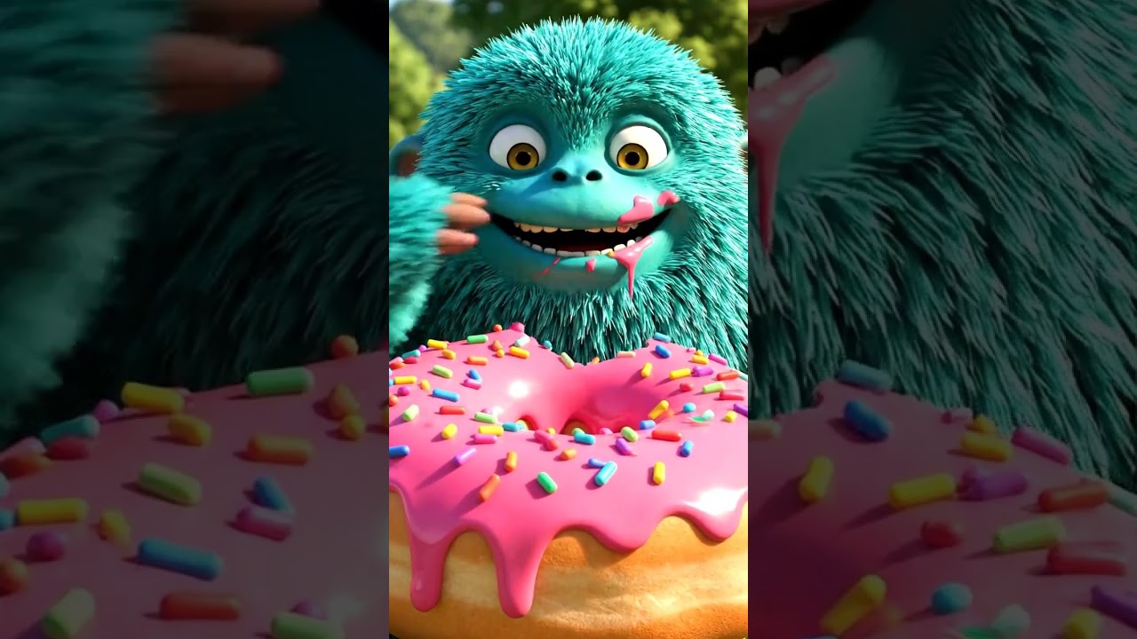 fluffy monster eating a giant donut
